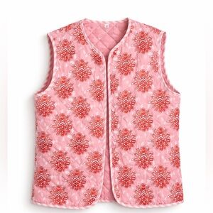 Quilted Sleeveless Vest in Pink with Red Floral Medallions